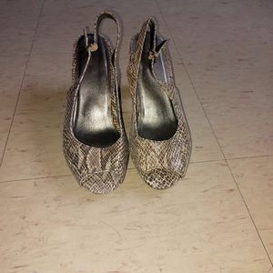 Leather snake skin open toes sling back 3 inch heel tender tootsie